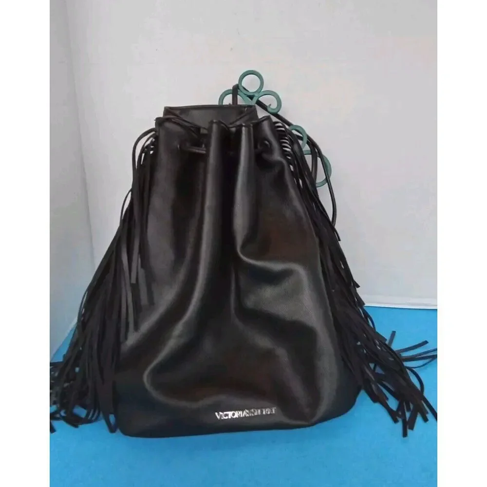 Victoria's Secret Black Faux‎ Leather Drawstring Bucket Bag with Fringe Detail